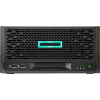 Black HPE ProLiant MicroServer Gen10+ v2 with front USB ports, power button, and teal logo on mesh grille.