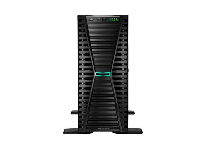 Black tower server with a sleek design, featuring a green HPE logo, multiple front-facing drive bays, USB ports, and LED indicators for power and system status.