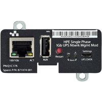 HPE Single Phase 1Gb UPS Network Module with Ethernet port, USB port, and status LEDs on black rectangular panel.