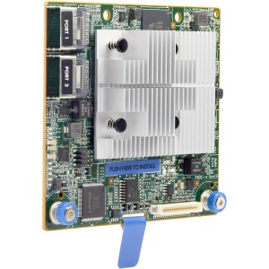 HPE Smart Array P408i-a SR Gen10 controller features a green circuit board with a silver heatsink, two ports, and a blue installation tab, designed for 12G SAS connectivity.