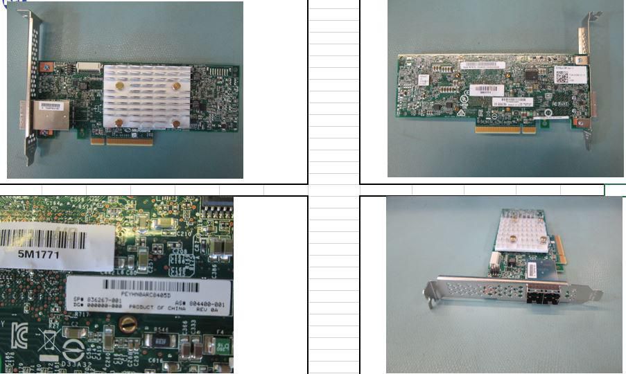 HPE SmartArray E208e-p SR Gen10 RAID controller features a green circuit board, silver heatsink, PCI Express X8 interface, and multiple connectors on the rear edge.