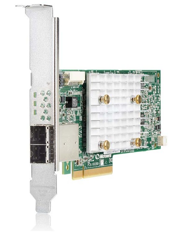 HPE SmartArray P408e-p SR Gen10 RAID Controller featuring a green circuit board, silver metal bracket, dual ports, and a heatsink with prominent gold screws.