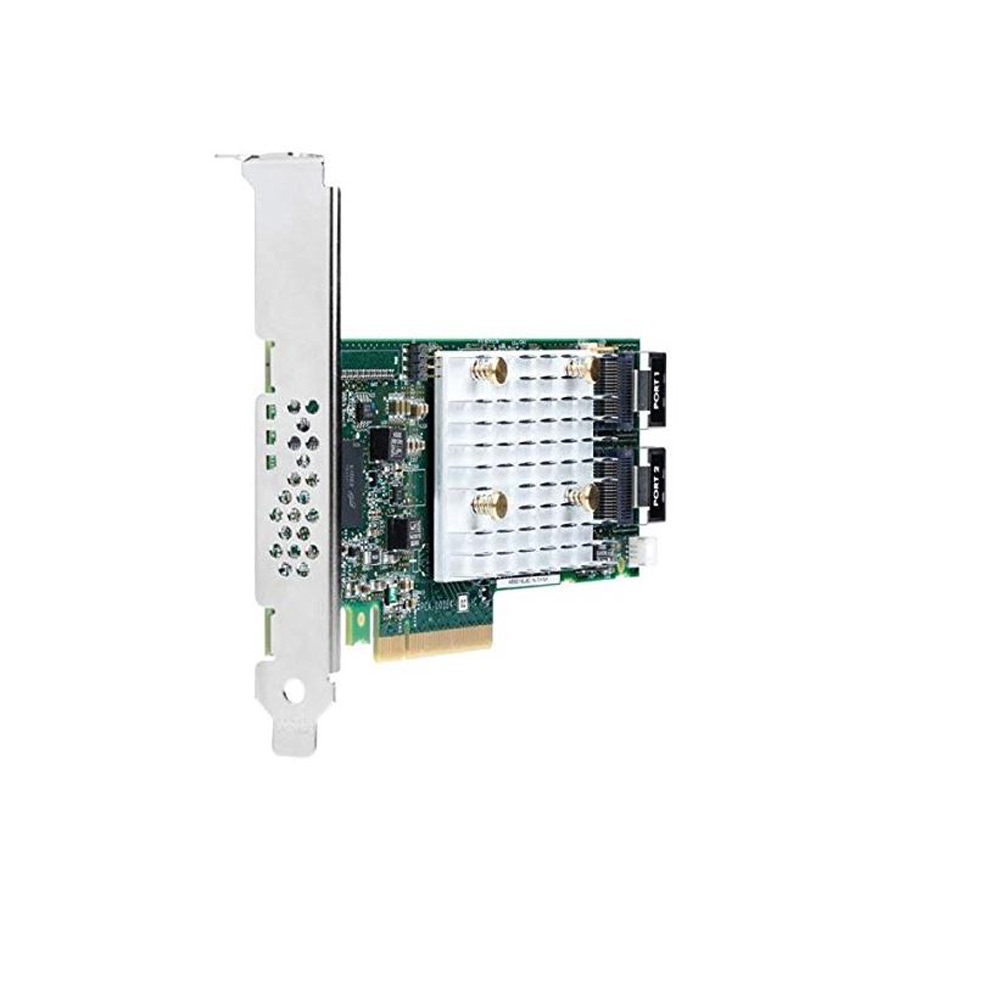 HPE Smart Array P408i-p SR Gen10 controller card featuring a green circuit board, silver metal bracket, and white heat sink, designed for high-performance storage solutions.