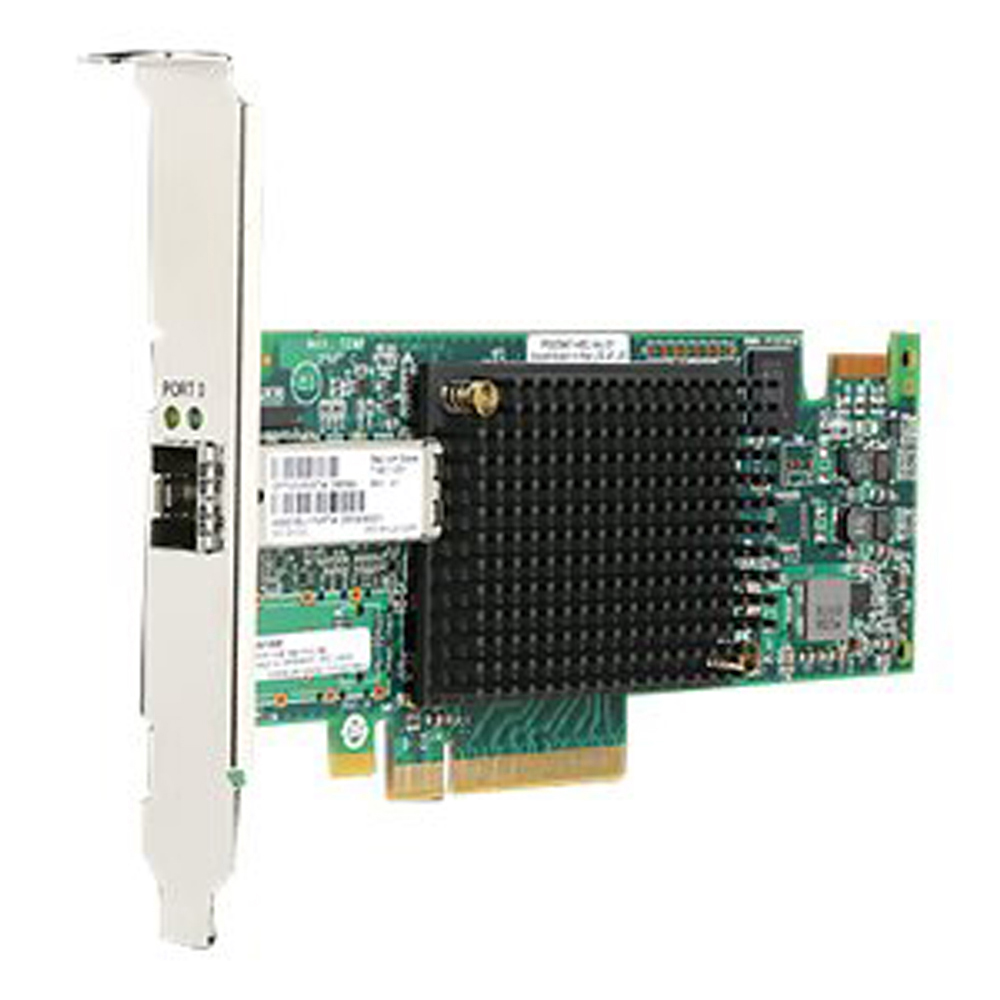 HPE StoreFabric SN1100Q Fibre Channel Host Bus Adapter with a green circuit board, a black heatsink, and a single Fibre Channel port, designed for PCI Express 3.0.