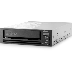 HPE LTO-8 Ultrium 30750 tape drive in a sleek silver metal casing with a black front panel featuring a tape slot and indicator lights for drive status and cleaning.