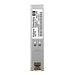HPE X121 1G SFP RJ45 T transceiver in a sleek silver casing, featuring a compact design with two indicator lights and an RJ45 port for 1000 Mbit/s network connectivity.