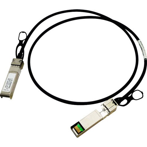 Black 1.2m DAC cable with SFP+ connectors on both ends, featuring a metal casing and clip for secure attachment, designed for high-speed data transmission.