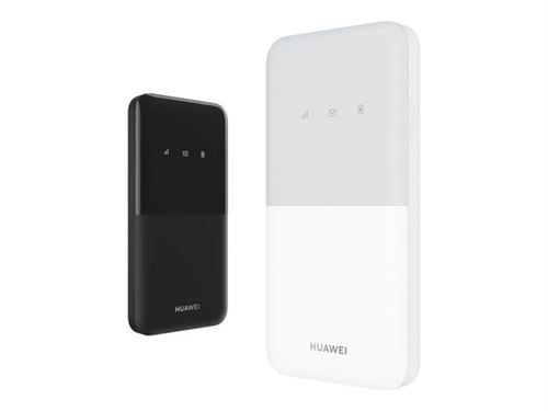 Two Huawei 4G Mobile WiFi 5 routers, one in sleek black and the other in clean white, featuring indicator lights on the front for network status.