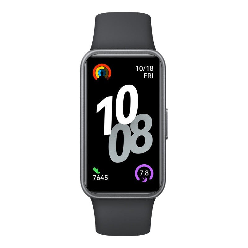 Black Huawei Band 10 activity tracker features a 1.47-inch AMOLED display, showing the date and time, with colorful icons and fitness metrics on a sleek wristband design.