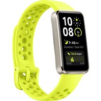 Huawei Band 10 AMOLED wristband, 1.47" display, lime green perforated strap, digital activity tracker screen.