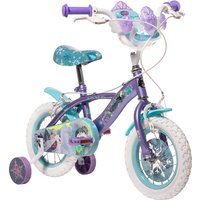 Purple Huffy Disney Frozen 12" bike with snowflake graphics, handlebar streamers, and a front basket featuring Frozen characters.