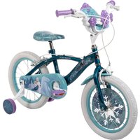 Teal and white Huffy Disney Frozen 16" bike with snowflake graphics, purple handlebars, and training wheels.