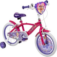 Pink Huffy Disney Princess 16" bike with purple seat, heart-shaped handlebar plate, and decorative training wheels.