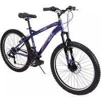 Midnight purple Huffy Extent mountain bike, 18-speed, 24-inch wheels, black handlebars, and knobby tires.
