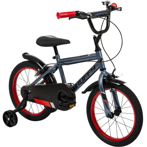 Charcoal grey Huffy Pro Thunder 16" bike featuring red accents, a sturdy frame, rubber tires, a single speed, and training wheels for stability.