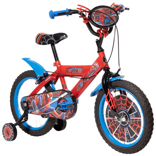 Red and blue Huffy Spider-Man 16" bike featuring a spider web design, a Spider-Man themed seat, and training wheels for stability.