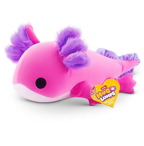 Cuddly pink plush axolotl with purple fluffy fins and tail, featuring a friendly black eye and a tag that reads "Hug-a-Lumps."
