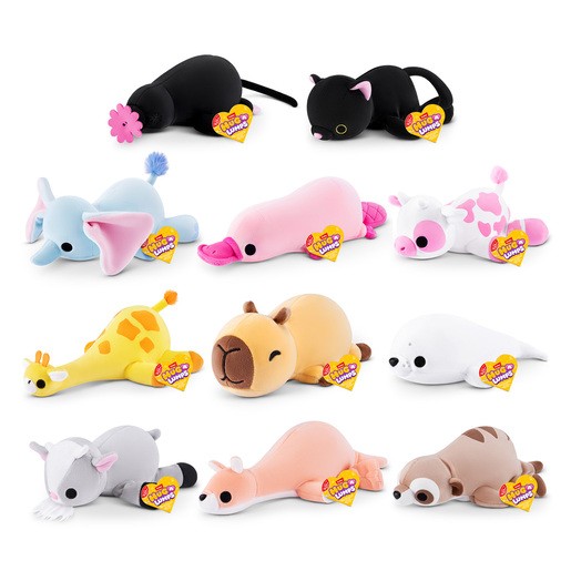 A collection of colorful, soft, weighted baby toys in various animal shapes, including a black cat, pink pig, gray elephant, and brown sloth, each with a tag.