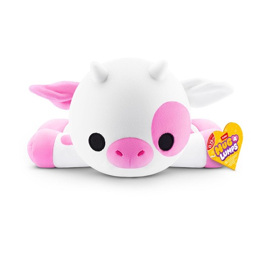 Cuddly weighted plush in the shape of a cow, featuring a white body, pink spots, and ears, with black eyes and a heart-shaped tag.