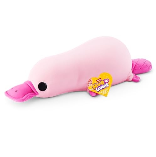 Soft, pink platypus plush toy with a flat body, large pink beak, and black eyes, featuring a heart-shaped tag labeled "Hug-a-Lumps" by ZURU, measuring 13cm.