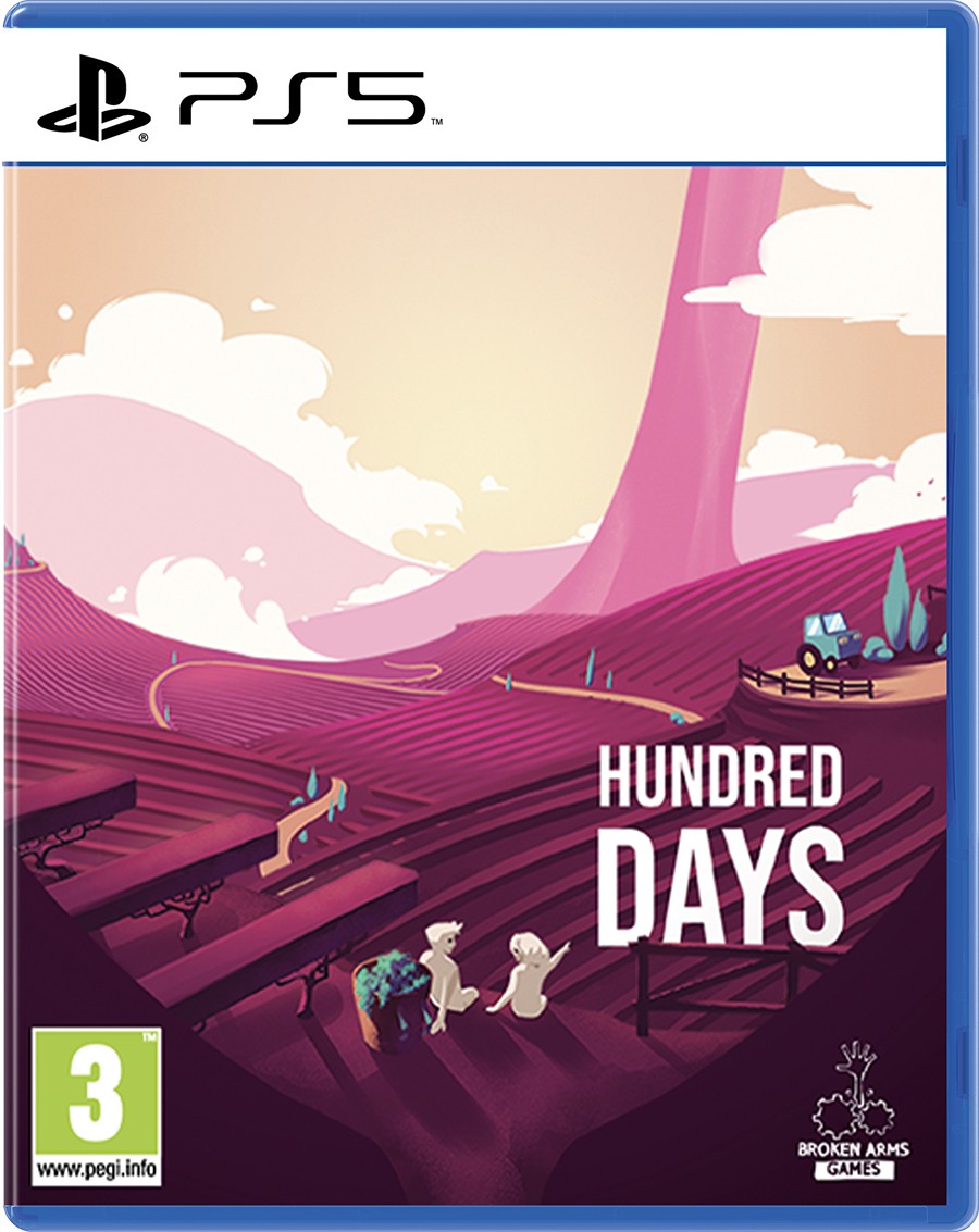 Colorful game cover featuring stylized vineyards and hills under a pink sky, with the title "Hundred Days" prominently displayed, designed for PS5.