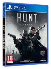 PS4 game case for "Hunt: Showdown" featuring two characters with weapons in a dark, eerie setting, with a prominent title and age rating on the cover.