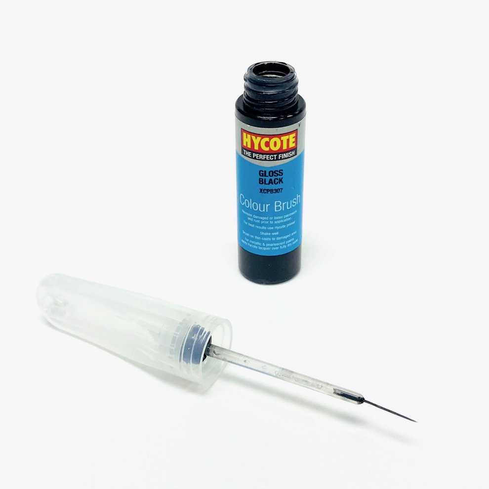 Gloss black acrylic touch-up brush with a clear plastic handle and a fine metal tip, alongside a 12.5ml bottle labeled "Hycote Gloss Black" with a rust remover tip.