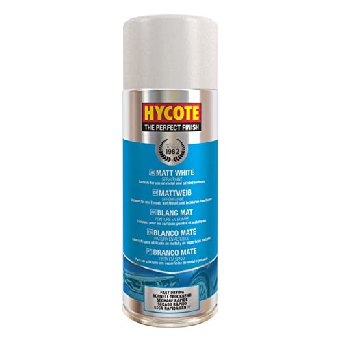 Hycote Fast Drying Aerosol Car Spray Paint in Matt White, 13.5 oz can, featuring a sleek design with a blue label and clear top, ideal for automotive and other surfaces.