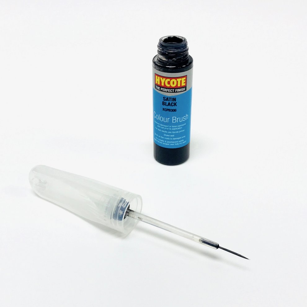 Satin black acrylic touch-up brush in a clear plastic bottle, featuring a fine metal tip for precision application, labeled with "Hycote" and product details.