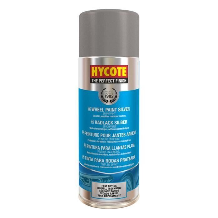 Hycote wheel paint in glossy silver, 400ml aerosol can, features a grey cap and a blue label with multilingual text highlighting its use for auto, motorcycle, and scooter wheels.