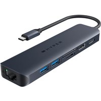 Black HYPER USB-C hub with multiple ports, including USB 3.2, HDMI, Ethernet, and SD card slot, compact design.