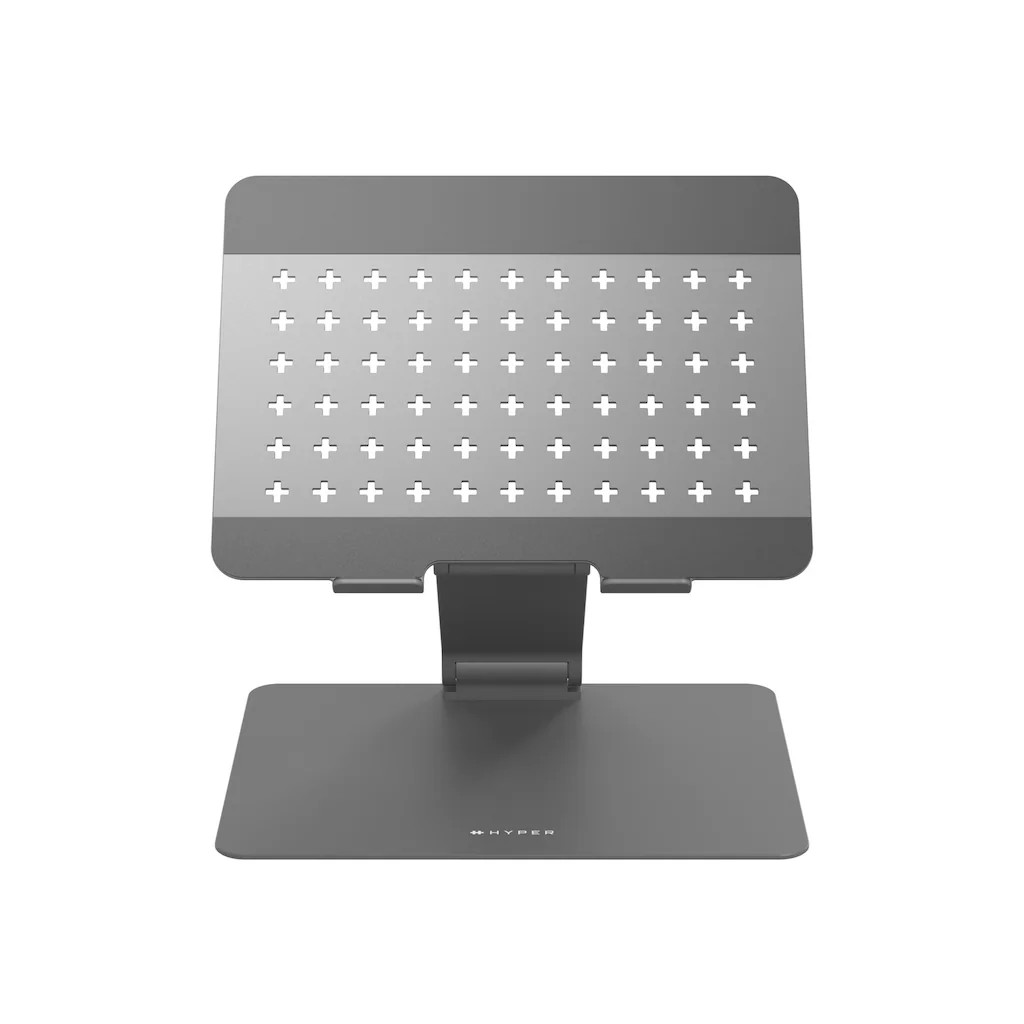 Grey HYPER HS1150GYGL laptop stand with a sleek design, featuring a perforated surface for ventilation and an adjustable height for ergonomic use.