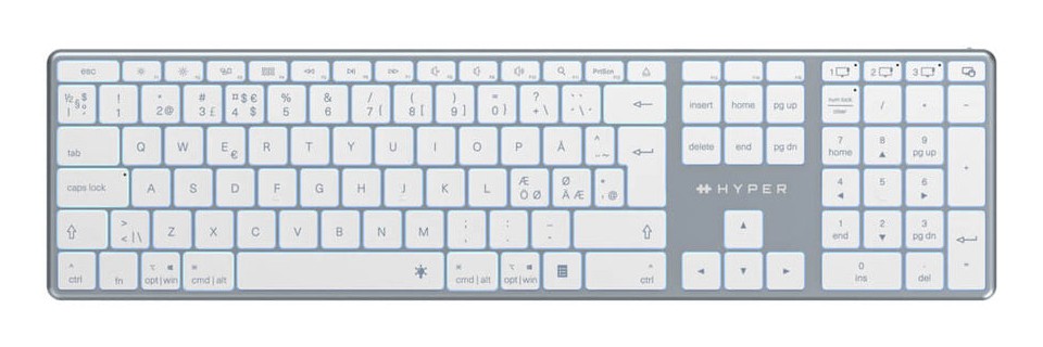 Bluetooth QWERTY keyboard in Nordic Grey, featuring a sleek design, white keys with Nordic characters, and a minimalist layout suitable for home or office use.