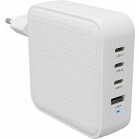 White HYPER HyperJuice 100W USB-C GaN charger with three USB-C ports, one USB-A port, and EU plug adapter.