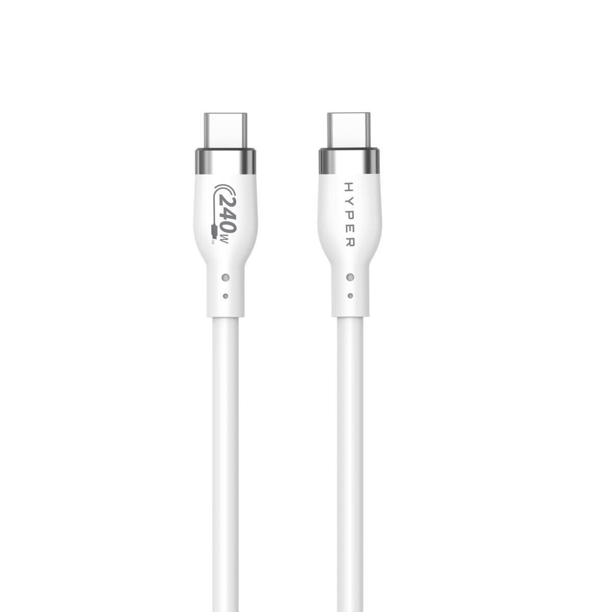 White silicone USB-C to USB-C cable, 3ft long, featuring a 240W power rating, with sleek metallic connectors and the HYPER logo on one end.