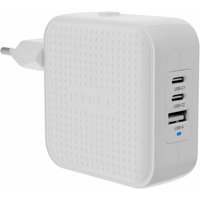 White HYPER HyperJuice 70W USB-C GaN travel charger with two USB-C ports, one USB-A port, and a textured surface.
