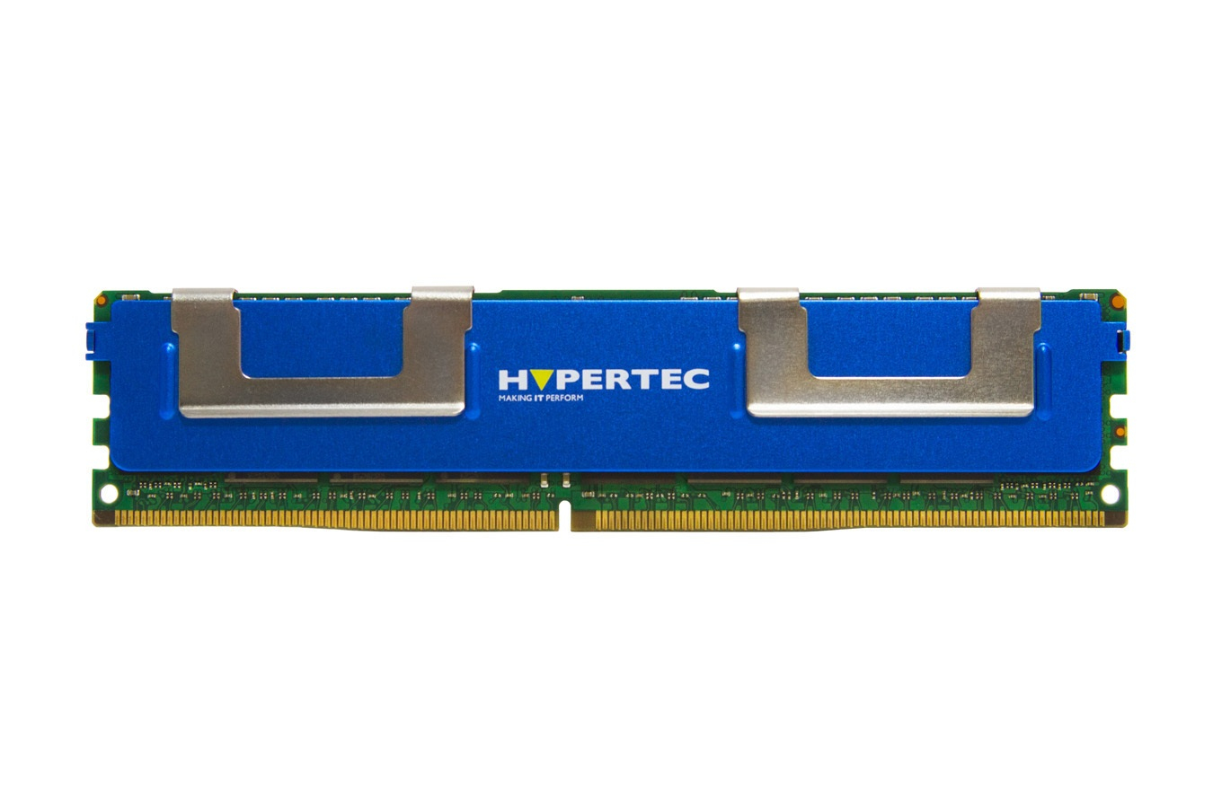 Blue memory module with silver heat spreaders, labeled "HYPERTEC," featuring a 2 GB capacity, DDR3 specification, and 1600 MHz speed, designed for ECC compatibility.