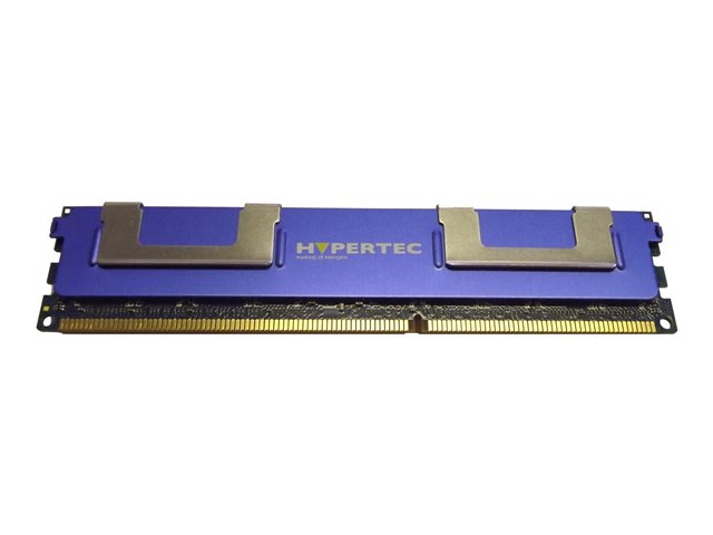 Purple memory module with two silver clips, labeled "HYPERTEC," featuring 16 GB DDR3 1333 MHz ECC specifications and gold connectors on the bottom.
