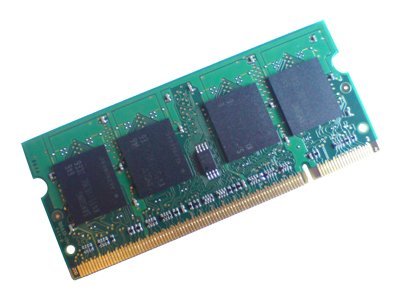 Green circuit board with four black memory chips, gold pins along the bottom, labeled as Hypertec 1 GB DDR II 667 SO DIMM 200-pin memory module.