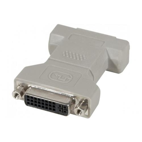 Black DVI-I cable connector with a rectangular shape, featuring multiple pins and two screws on the sides for secure attachment, designed for video signal transmission.