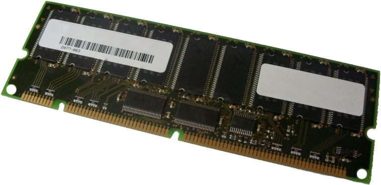 Green circuit board with a 128MB PC100 SDR SDRAM memory module featuring multiple black memory chips and two white label areas, designed for legacy systems.