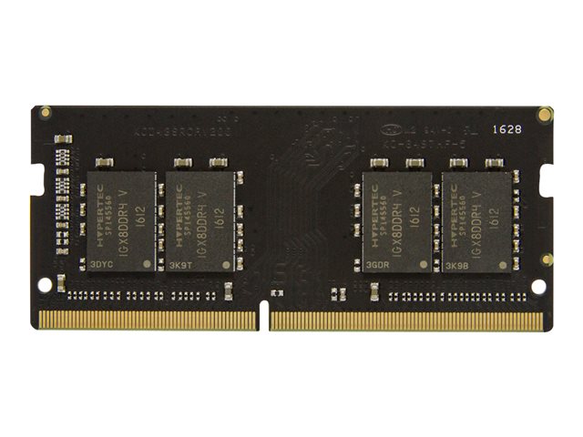 Hypertec 16GB DDR4 SODIMM RAM module in black with gold connectors, featuring four memory chips labeled with specifications and a dual rank design for enhanced performance.
