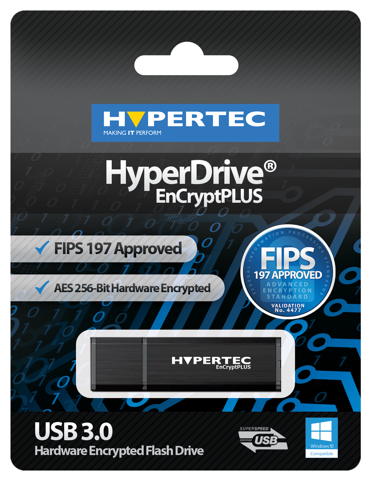 Black USB flash drive with "Hypertec EnCryptPLUS" branding, featuring FIPS 197 approval and AES 256-bit hardware encryption, packaged in a sleek, tech-themed blister pack.