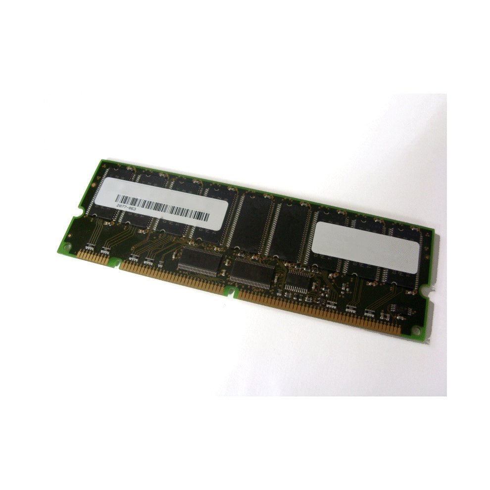 Green printed circuit board with gold connectors, featuring multiple black memory chips and two white labels, labeled as Hypertec 1GB DIMM PC100 SDR SDRAM.