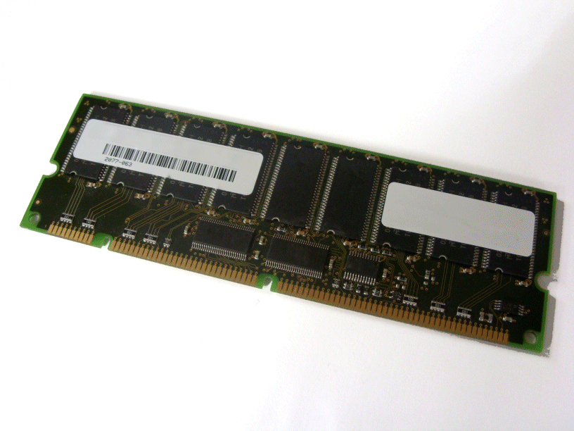 Green circuit board with a gold connector edge, featuring multiple black memory chips and two white labels, representing a Hypertec 1GB DIMM PC100 REG memory module.