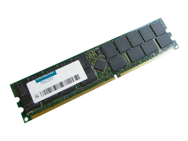 Green circuit board featuring a Hypertec label, eight black memory chips, and gold connectors, designed as a 1GB PC2700 333MHz ECC Reg memory module.