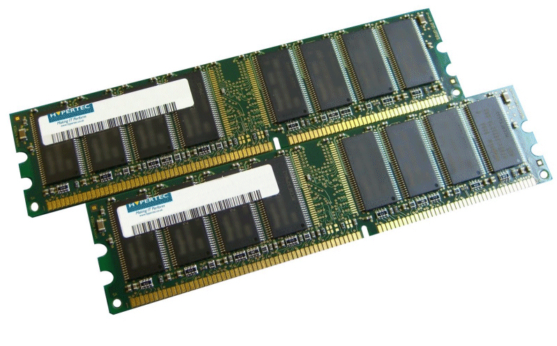 Two green circuit board memory modules, each with eight black memory chips, labeled "Hypertec," designed for DDR 333 MHz, totaling 1GB capacity.