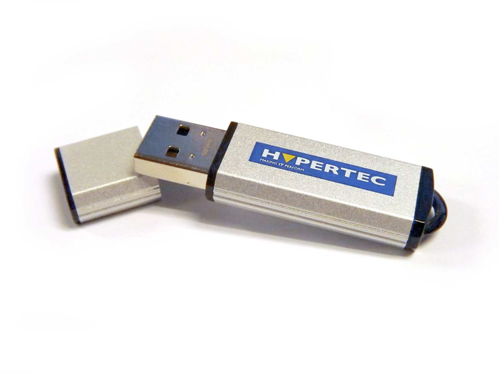 Silver and black Hypertec 256GB USB 3.0 drive with a retractable connector and a blue logo on the side, showcasing a sleek metallic design.
