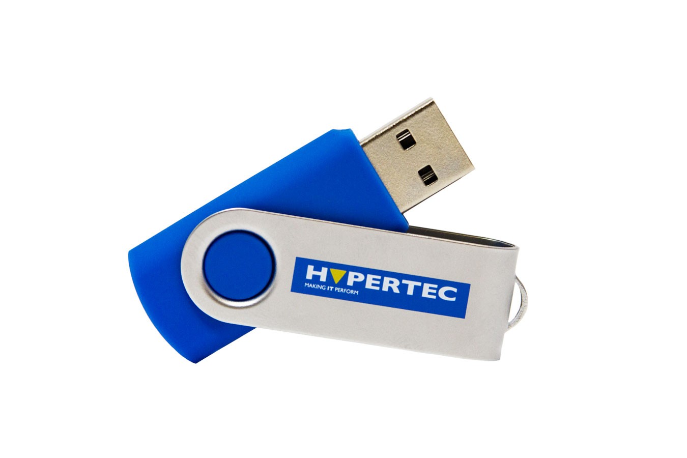Blue and silver Hypertec 256GB USB3.0 swivel drive with a metallic body, featuring a large blue button and the brand logo prominently displayed.