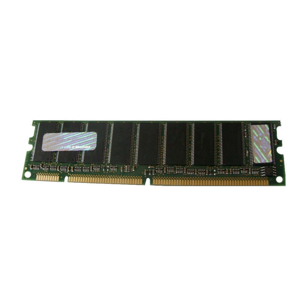 Green circuit board memory module with black chips, labeled "Hypertec 256MB PC133," featuring a gold connector edge and a reflective sticker on one side.